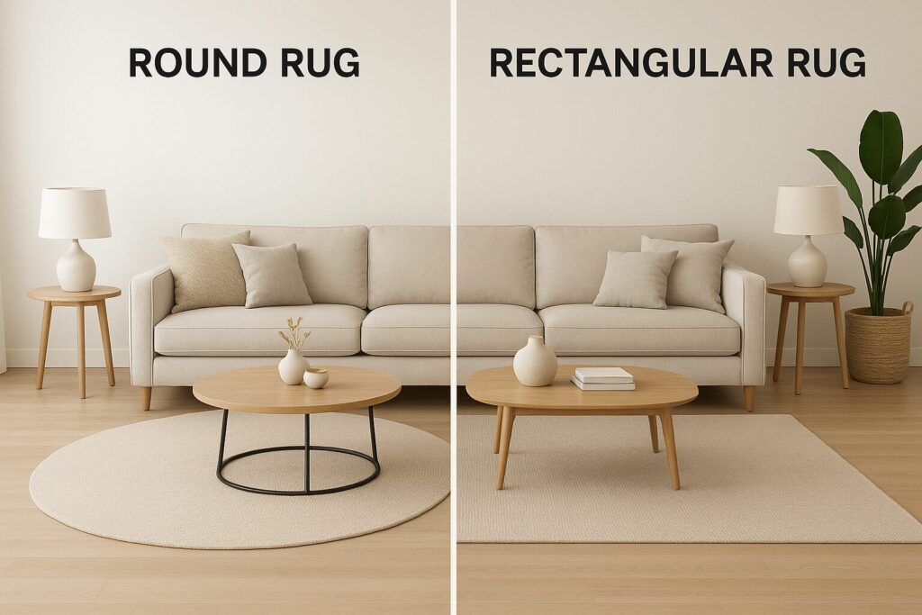 Side-by-side layout displaying a circular area rug versus a rectangular area rug in a modern living room setting with neutral decor.