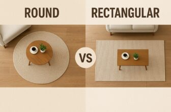 Top view comparison of a round rug and a rectangular rug on hardwood flooring, each styled with a matching coffee table, showcasing interior design options.