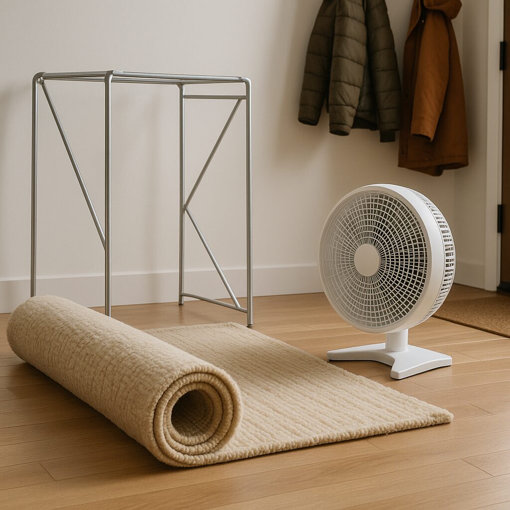 Area rugs drying indoors on a rack with a fan nearby in a winter-ready room with snow boots by the door