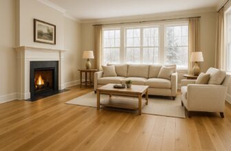 Wide-plank natural oak hardwood flooring in a cozy New Hampshire living room with fireplace, beige furniture, and snowy outdoor view through large windows.