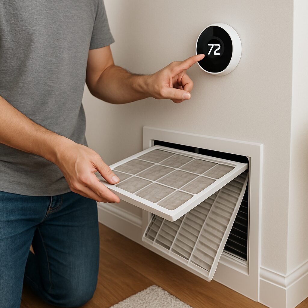 Person checking smart thermostat and replacing air filter in a home with wood flooring and rug, highlighting the importance of AC maintenance for flooring health to prevent air conditioning impact on flooring