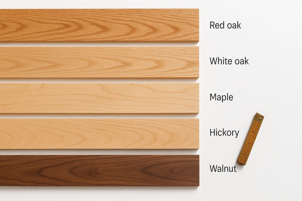 Top-down view of five labeled hardwood flooring New Hampshire samples—red oak, white oak, maple, hickory, and walnut—arranged on white surface with measuring tape for scale.
