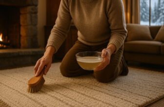 Person cleaning wool area rugs in a warm living room with snow outside the window during winter
