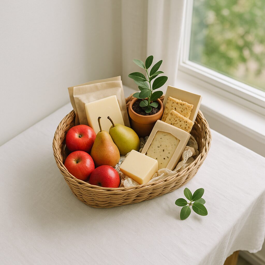 Top-down view of an elegant gift basket Canada with fresh fruit, cheese, crackers, and a potted plant in natural daylight.