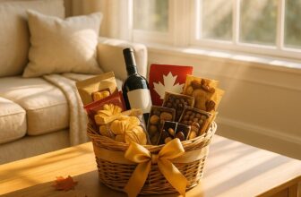 Sunlit living room with a luxury gift basket Canada filled with gourmet snacks, wine, and chocolates on a wooden coffee table.